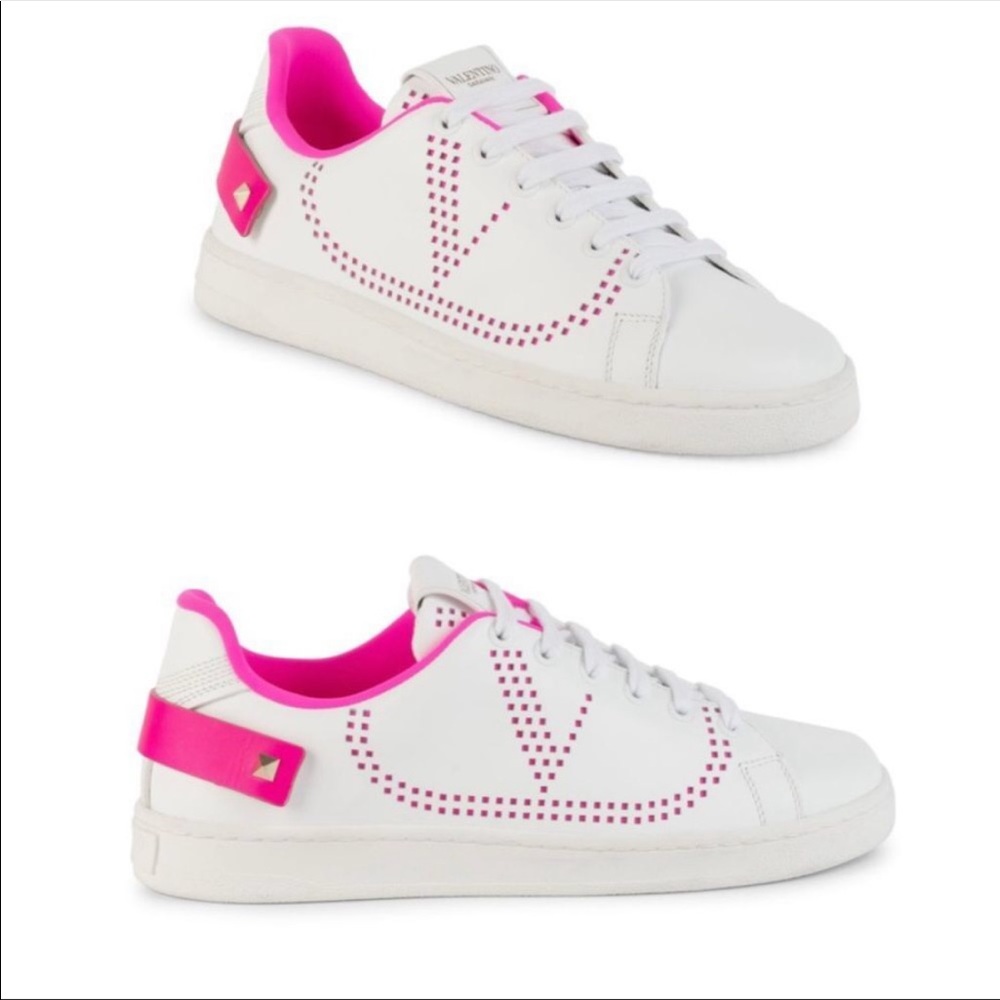 VALENTINO Bianco/Fuxia Fluo ROCKSTUD BACKNET Sneakers HOT PINK